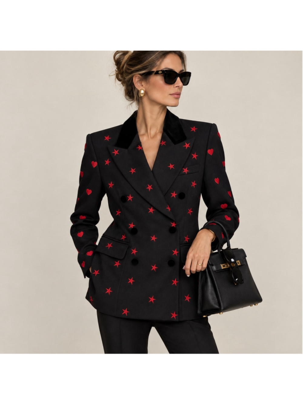 Escada Margaret Ley VTG Black Wool Blazer Velvet Star Bow Heart Embroidered 41